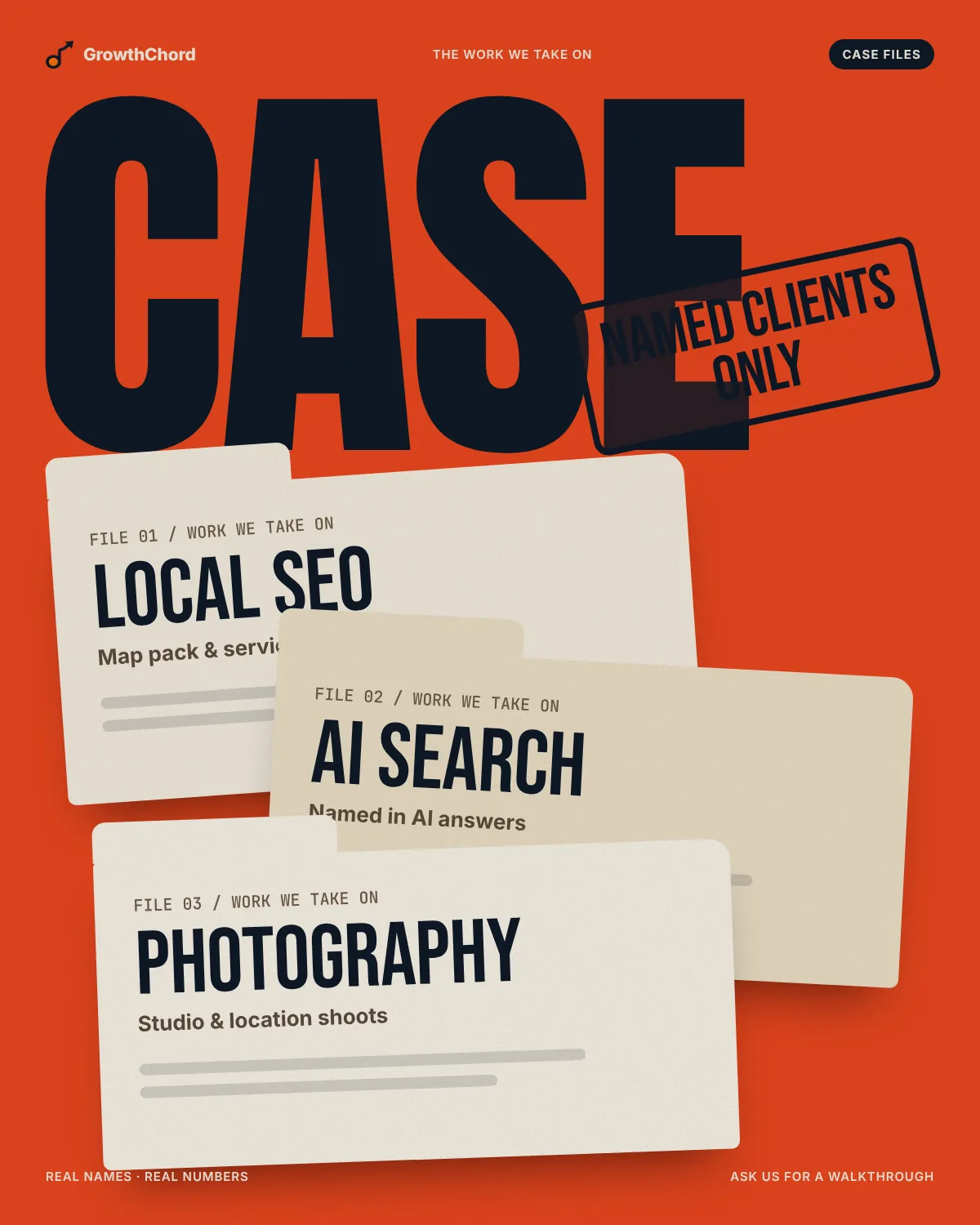 Red-orange poster reading "Case" over three file folders for Local SEO, AI search and Photography, stamped "Named clients only".