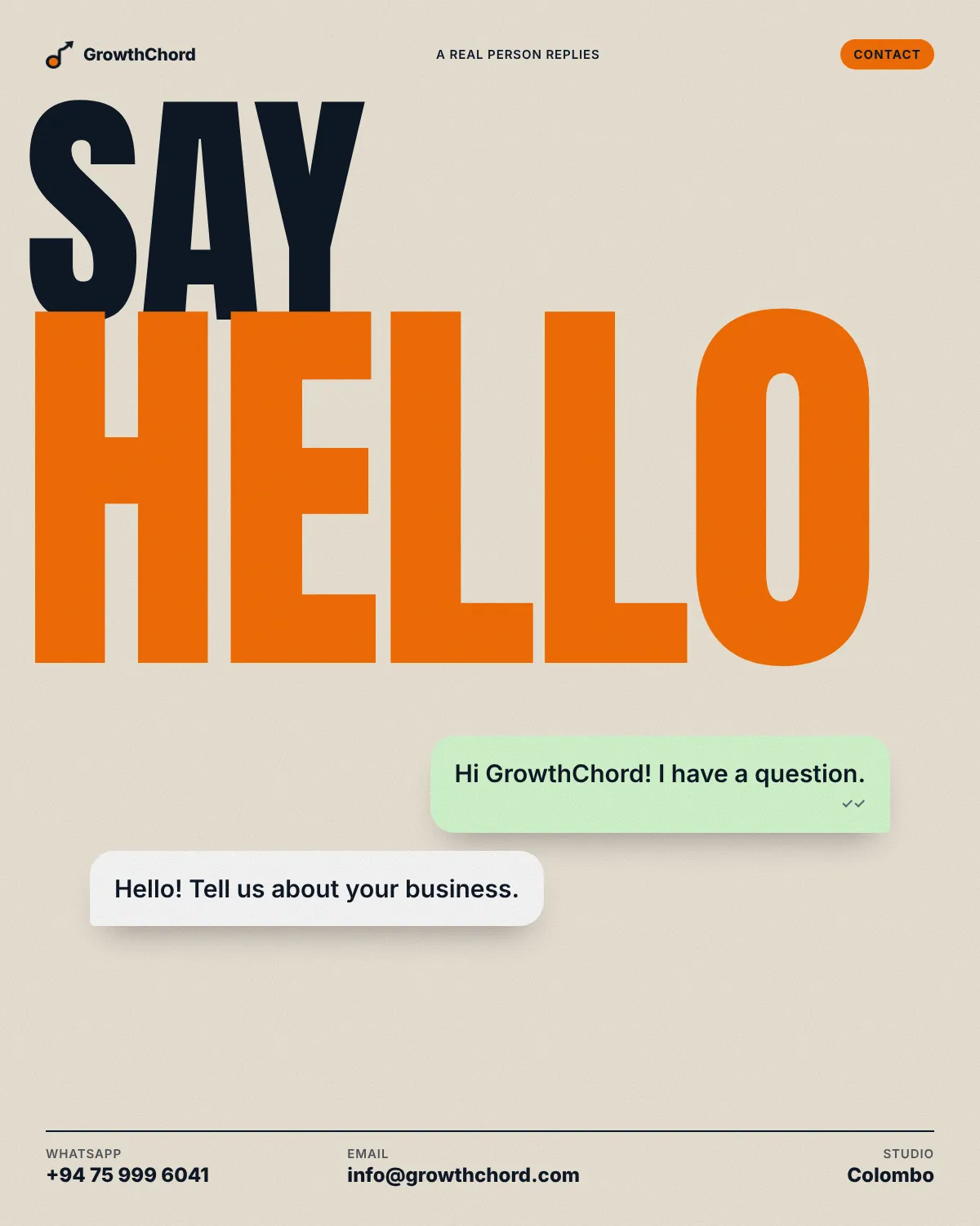 Cream poster reading "Say hello" above a WhatsApp-style chat, with GrowthChord's WhatsApp number and email address.