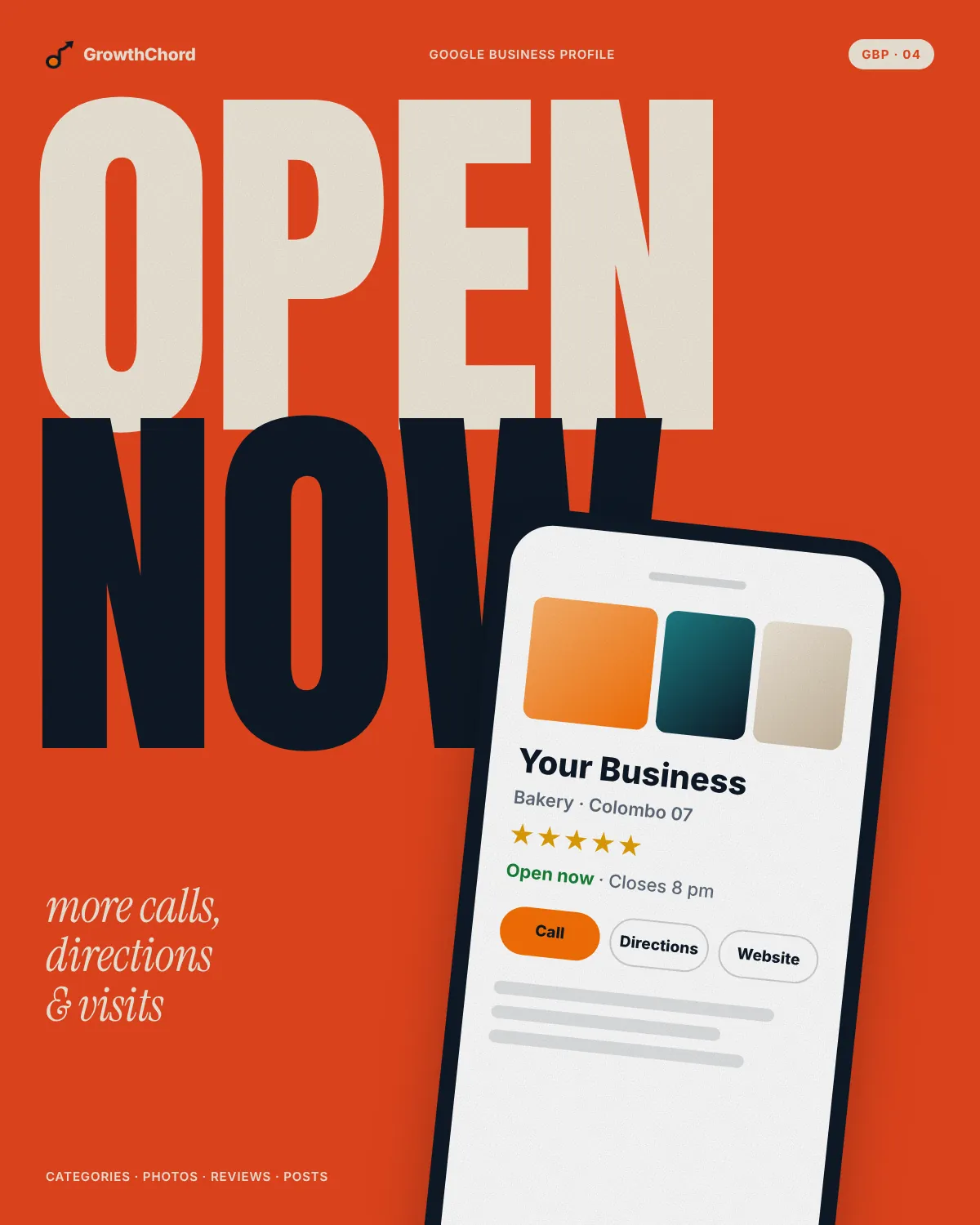 Red-orange poster reading "Open now" with a phone showing a Google Business Profile: photos, five stars, opening hours and Call, Directions and Website buttons.