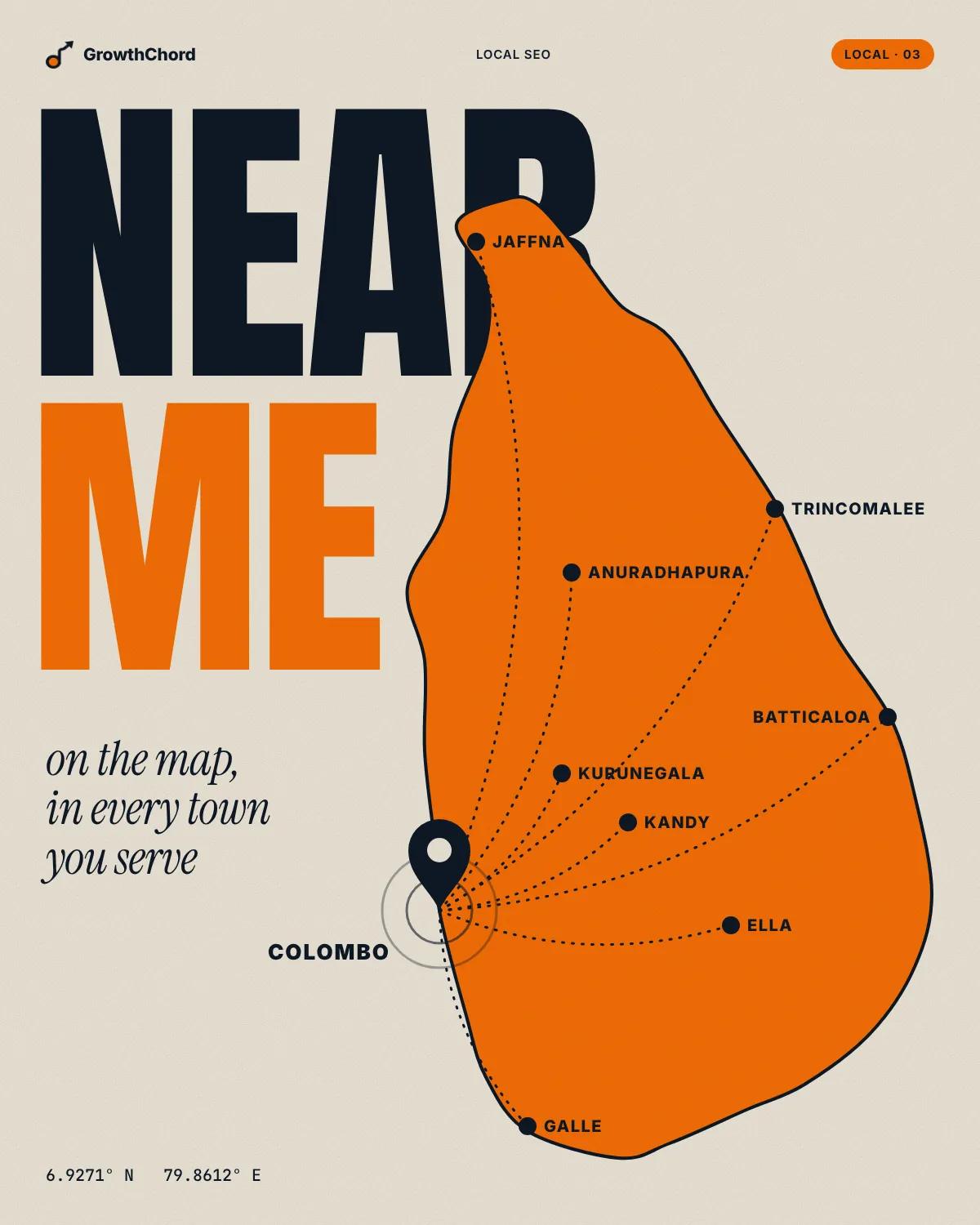 Cream poster reading "Near me" beside an orange map of Sri Lanka, with a pin on Colombo and dotted routes to towns across the island.