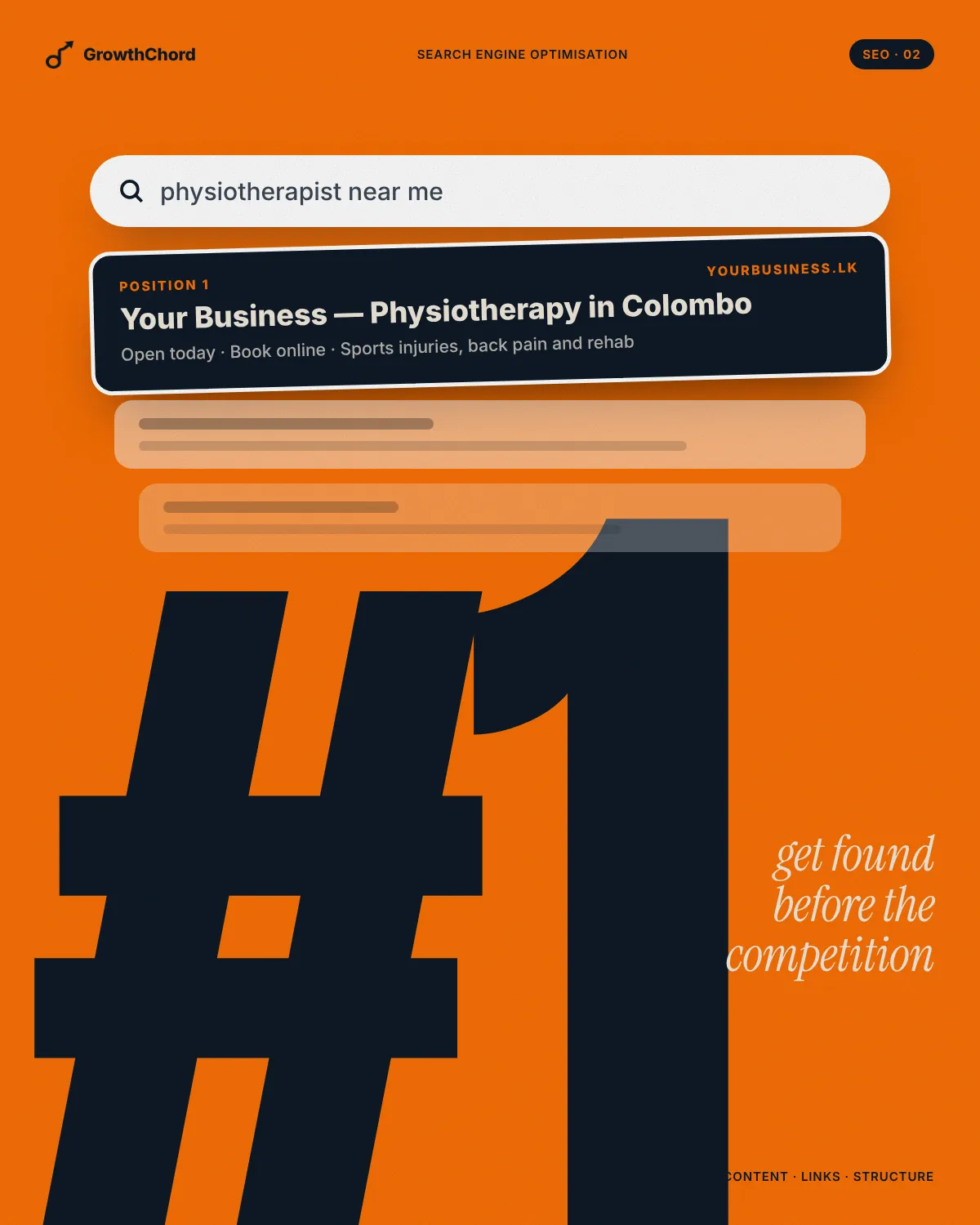 Orange poster with a giant navy "#1" behind a search box and a first-place search result for "Your Business".