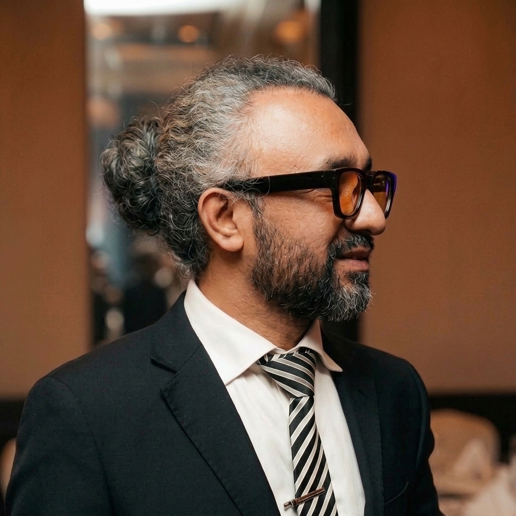 Kanchana Delgoda, co-founder of GrowthChord, in profile with grey hair tied back, a beard and dark glasses, wearing a dark suit and striped tie